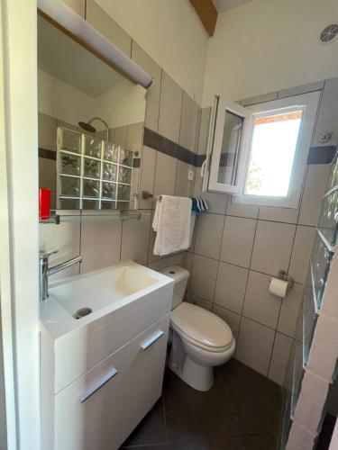 a white bathroom with a toilet and a sink at Nuit calme sur domaine in Calcatoggio