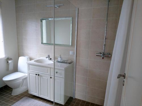 uma casa de banho com um WC, um lavatório e um chuveiro em Rönne Majutus em Pärnu