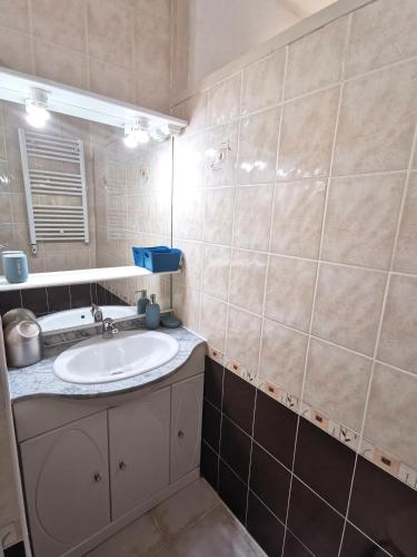 une salle de bain avec un lavabo et un miroir dans l'établissement Le Robinson - Les Maisons de Madeleine, à Nantes