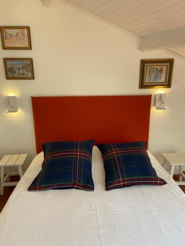a bedroom with a bed with a red headboard and two pillows at Attique Saint Pierre - Dans le ciel des teinturiers in Avignon