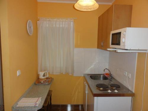 a small kitchen with a sink and a microwave at Apartmány Úsmev in Veľký Meder