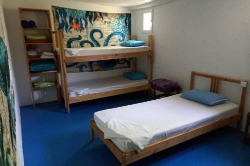 Pokój z 2 łóżkami piętrowymi w pokoju w obiekcie Crazy beach house w mieście Skala Prinos