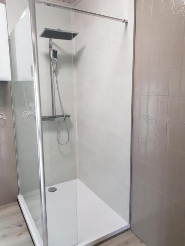 a shower with a glass door in a bathroom at Mary's Poppies - Bed & Breakfast in Blandain
