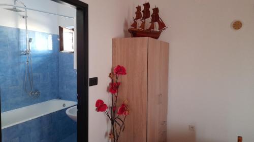 a bathroom with a shower and red flowers on the wall at Apartments Dolac in Primošten