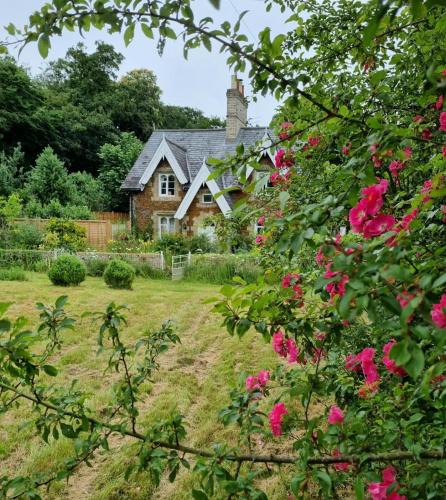 an old house with pink flowers in front of it at Gingerbread Cottage Yurts in East Dereham