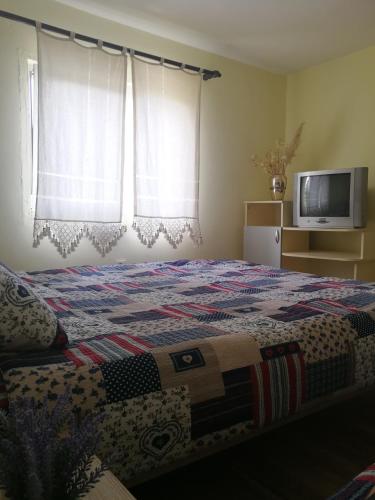 a bedroom with a bed and a tv and a window at Stari dud Beserovina in Bajina Bašta