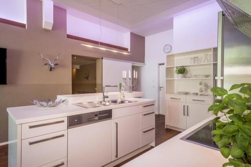 a kitchen with white cabinets and a sink at Hof zum Stadl - Ferienwohnung Nr 1 in Meckenbeuren