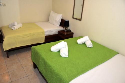 two beds in a room with green sheets and towels at The Other Side of Meteora with lush garden, BBQ & pavillion in Kalabaka