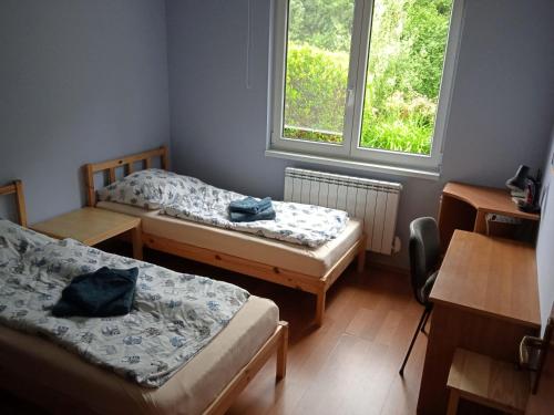 ズリーンにあるApartmán Meduňkováのベッド2台と窓が備わる客室です。