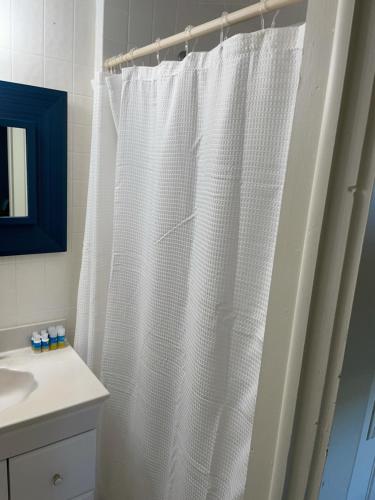 a white shower curtain in a bathroom with a sink at Pure Paradise Resort in Carp Lake