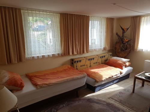 a bedroom with two beds in a room with windows at Landhaus Staufenberg in Gernsbach