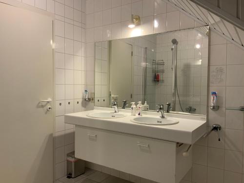 a bathroom with two sinks and a large mirror at LinZn vakantiehuis in Wuustwezel