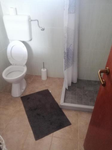 a bathroom with a toilet and a shower curtain at Guesthouse Panorama in Mostar