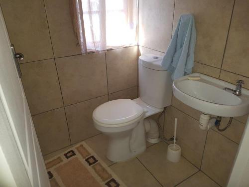 La salle de bains est pourvue de toilettes et d'un lavabo. dans l'établissement Natures Cabin, à Hibberdene