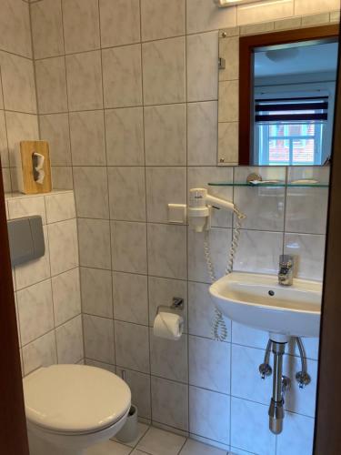 La salle de bains est pourvue de toilettes et d'un lavabo. dans l'établissement Pension am Theater, à Weimar