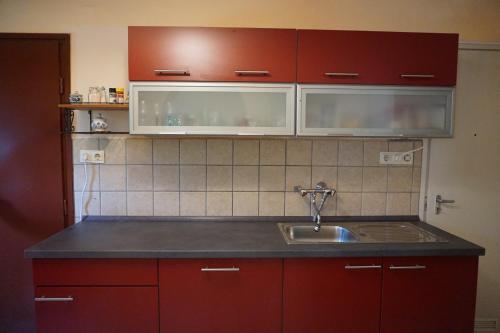 Ferienhaus Plattensee/Balaton في Szólád: مطبخ مع دواليب حمراء ومغسلة
