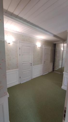 an empty room with white doors and green carpet at Villa Venterivka in Tatariv