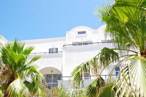 a white building with palm trees in front of it at HOTEL MOHITERO in Kamari
