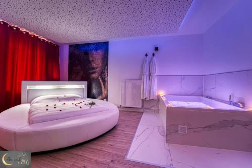 a bedroom with a bed and a bath tub at Spa et Sauna au coeur de Metz (unenuitametz) in Metz