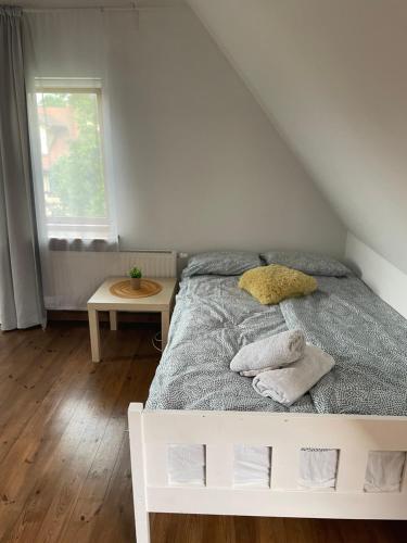 1 dormitorio con cama, mesa y ventana en Garden House, en Sopot