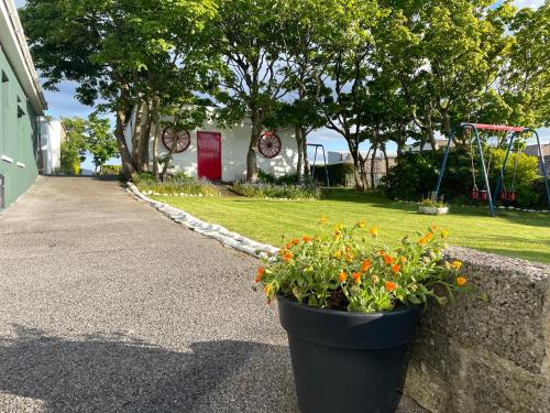 a black pot of flowers next to a wall with a playground at Atlantic Apartotel in Bundoran