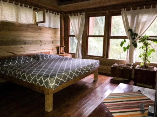 a bedroom with a bed in a room with windows at Roatan Bed & Breakfast Apartments in West End