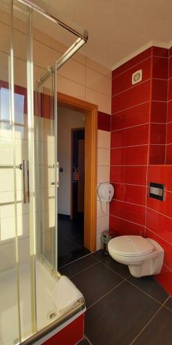 a red bathroom with a toilet and a shower at Hotel Blagaj Mostar in Blagaj
