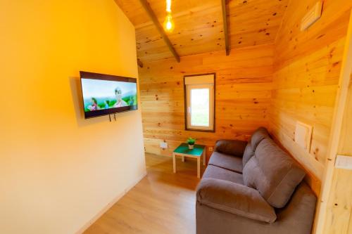 un soggiorno con divano e TV a schermo piatto di LA CABAÑA DEL MOLINO a Mazaricos