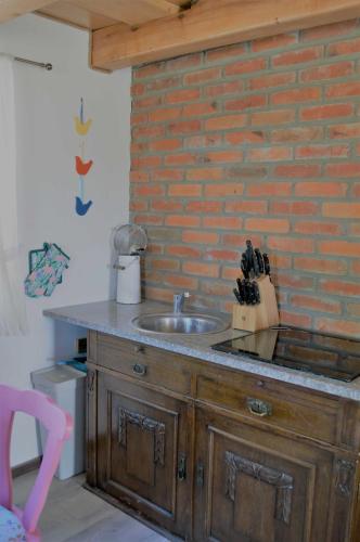 a kitchen with a sink and a brick wall at Domek letniskowy TONKA in Świątki