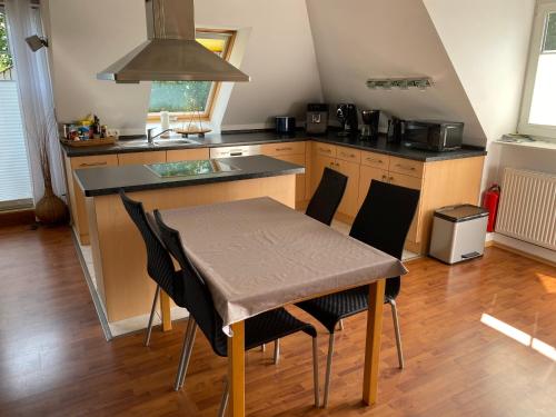 O bucătărie sau chicinetă la Moderne Maisonette-Wohnung am Karpfenteich; modern Apartment with view of the carp pond