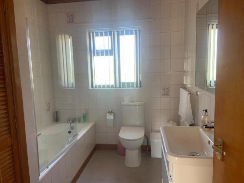 La salle de bains est pourvue de toilettes, d'une baignoire et d'un lavabo. dans l'établissement Gracey's Hillside Lodge, à Ballyward