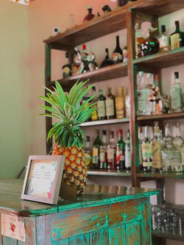 a pineapple sitting on top of a counter in a bar at Aldea Che-Eek , con acceso a un club de playa privado in Bacalar