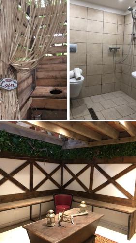 deux photos d'une salle de bain avec un lavabo et des toilettes dans l'établissement Tente lodge Élevage Girbal, à La Chapelotte