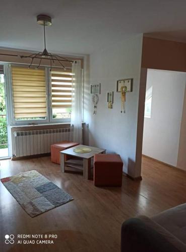 a living room with a coffee table and a window at Noclegi Zlota Gorka in Polańczyk