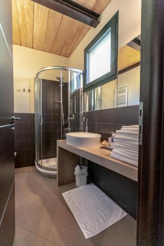 a bathroom with a sink and a shower and a mirror at Al Centro del Borgo in Guarene