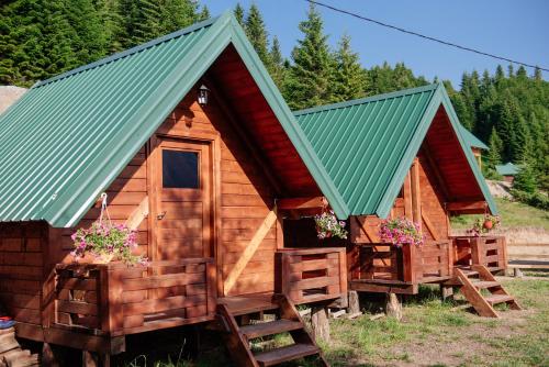 uma cabana de madeira com um telhado verde e duas janelas em Komovi - Kobil Do Guesthouse em Kolašin