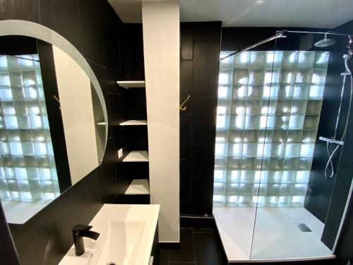 une salle de bain avec un lavabo, une douche et un miroir dans l'établissement Evasion dépaysante en bord de Garonne, à Toulouse