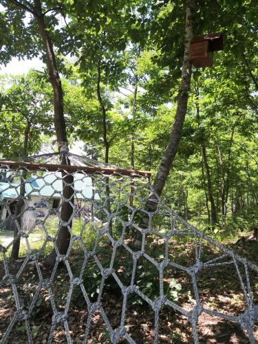 a chain link fence in a park with trees at Koliba Pčelica 2 in Bijelo Polje