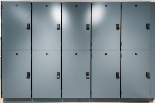 a row of lockers in a locker room at The Metric - Los Angeles Downtown in Los Angeles
