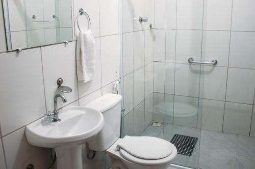 La salle de bains est pourvue de toilettes, d'un lavabo et d'une douche. dans l'établissement Pousada Campo Alegre, à Itatiaia