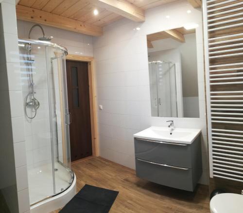a bathroom with a sink and a shower at Dom Słoneczna Chata Kasina Wielka in Kasina Wielka