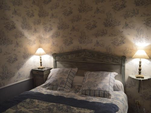 1 dormitorio con 1 cama con 2 lámparas en la pared en Gîte Le Blanc, 2 pièces, 3 personnes - FR-1-591-36, en Le Blanc
