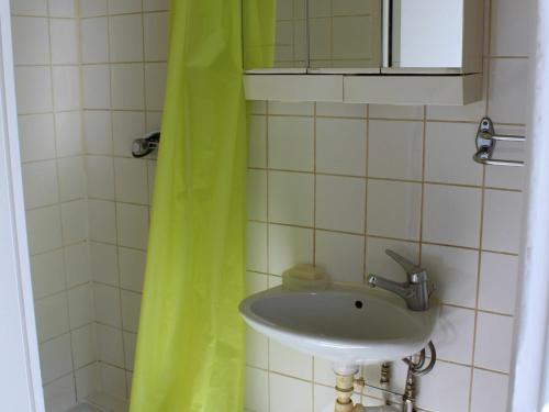 a bathroom with a sink and a green shower curtain at Gîte Toul, 2 pièces, 3 personnes - FR-1-584-60 in Toul