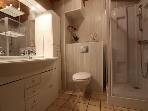 a bathroom with a toilet and a sink and a shower at Location authentique avec cheminée et toit de chaume, proche nature et activités à St-Front - FR-1-582-291 in Saint-Front