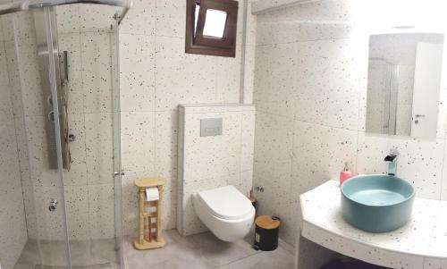 La salle de bains est pourvue d'une douche, de toilettes et d'un lavabo. dans l'établissement Pefkonas apartments2 100 m from the beach, à Psakoudia