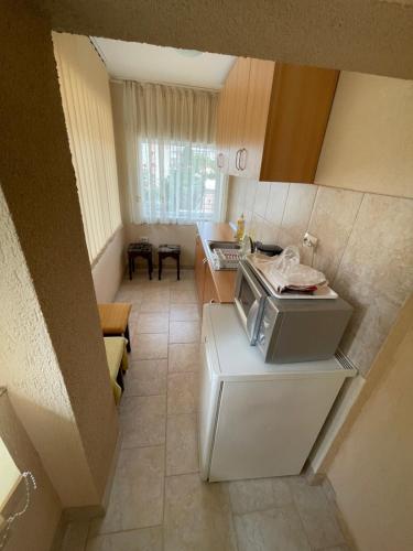 an overhead view of a kitchen with a microwave at Casa Wiesmann Băile Felix in Baile Felix