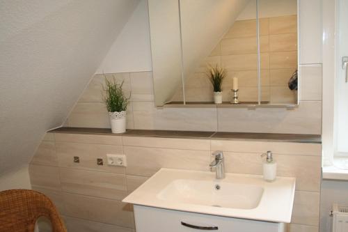 a bathroom with a sink and a mirror at Ferienwohnung Haus Zeier in Hahnenklee-Bockswiese