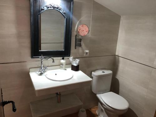 卡塞雷斯馬爾帕蒂達的住宿－Hostal La Caballeriza，一间带水槽、卫生间和镜子的浴室