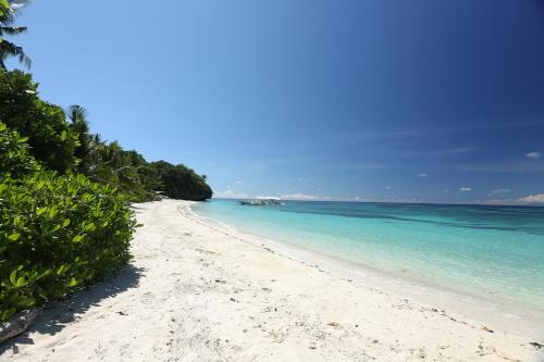 a beach with turquoise water and palm trees at Amun Ini Beach Resort & Spa in Anda