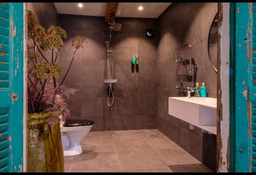 a bathroom with a toilet and a sink at Fröken Hjorts Bed and Breakfast in Höganäs